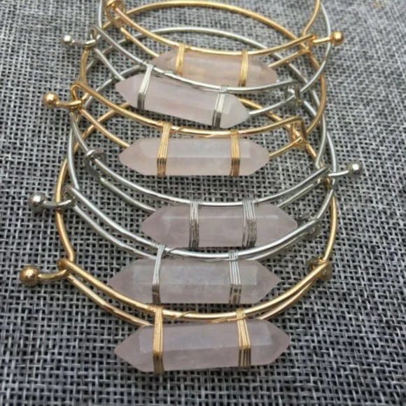 Double Terminated Rose Quartz Crystal Gold Bangle Bracelet - Picture 7 of 7